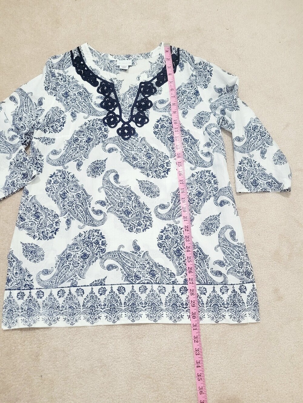 Liz Claiborne Womens Large Blue White Paisley Tunic Top 100% Cotton Boho Classic - Picture 11 of 12
